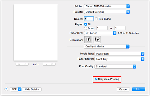 figur: Gråtoneutskrift for Kvalitet og medier i dialogboksen Skriv ut