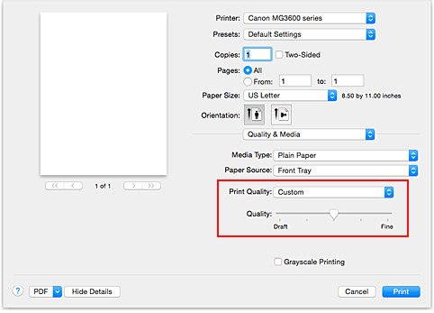 figur: Velg Egendefinert under Utskriftskvalitet for Kvalitet og medier i dialogboksen Skriv ut