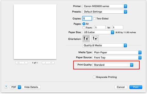 figur: Utskriftskvalitet for Kvalitet og medier i dialogboksen Skriv ut