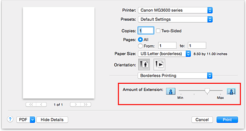 şekil:Yazdır iletişim kutusunda Kenarlıksız Yazdırma için Taşma Miktarı