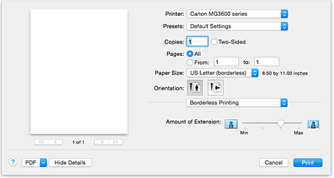 şekil:Yazdır iletişim kutusunda Kenarlıksız Yazdırma