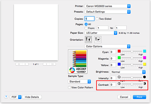 şekil:Yazdır iletişim kutusunda Renk Seçenekleri'nde Karşıtlık Seçimi