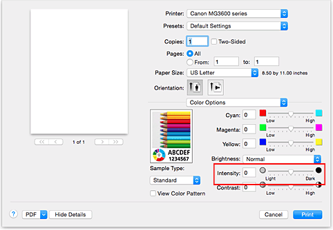 şekil:Yazdır iletişim kutusunda Renk Seçenekleri'nde Yoğunluk Seçimi
