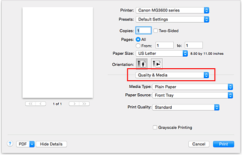 şekil:Yazdır iletişim kutusunda Kalite ve Ortam