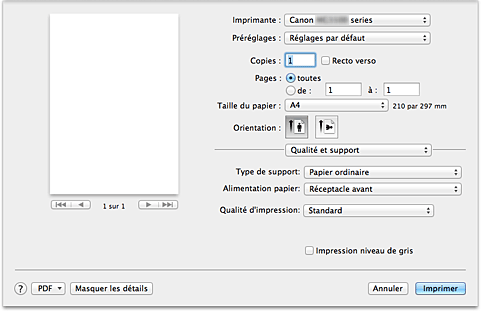 figure : Qualité et support dans la boîte de dialogue Imprimer