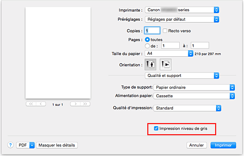 figure : Impression niveau de gris pour Qualité et support dans la boîte de dialogue Imprimer