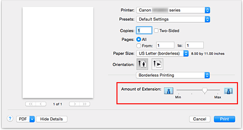 rysunek: Szerokość rozszerzenia przy drukowaniu bez obramowania w oknie dialogowym Drukuj