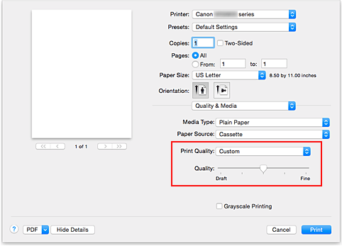 figura:Selecione Personalizada em Qualidade de Impressão de Qualidade e Mídia na caixa de diálogo Imprimir