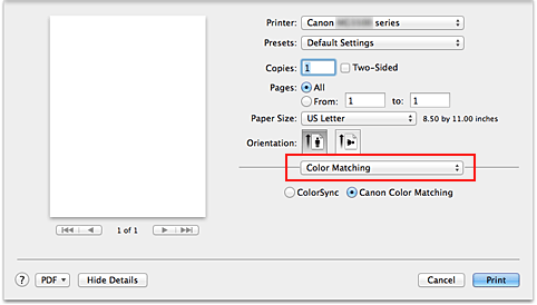 figure:Color Matching in the Print dialog