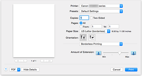 figur: Udskrivning uden kant i udskriftsdialogen