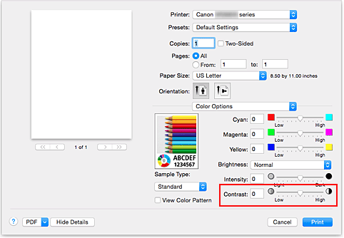 figure:Contrast of Color Options in the Print dialog