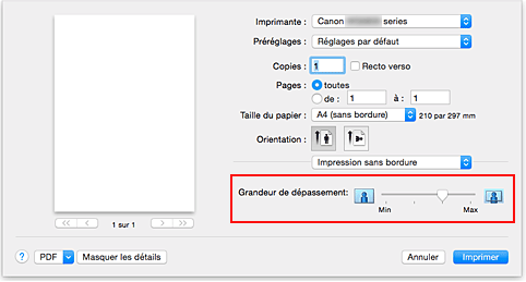 figure : Grandeur de dépassement de l'option Impression sans bordure de la boîte de dialogue Imprimer