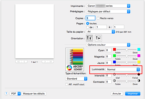 figure : Luminosité des options de couleur dans la boîte de dialogue Imprimer