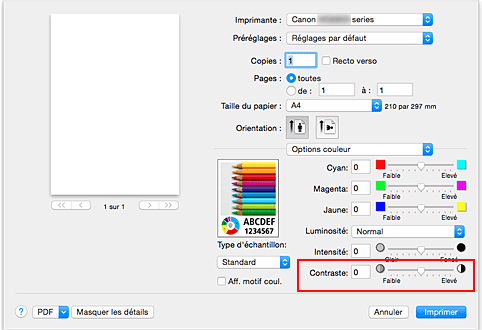 figure : Contraste des options de couleur dans la boîte de dialogue Imprimer