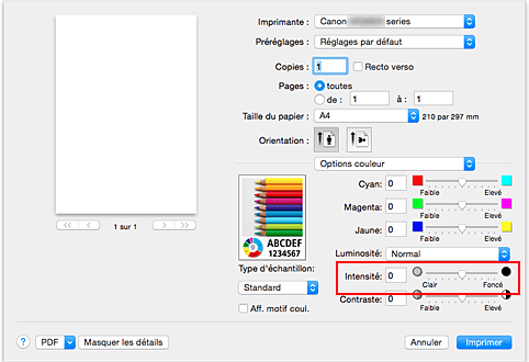 figure : Intensité des options de couleur dans la boîte de dialogue Imprimer