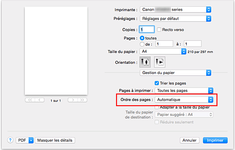 figure : Sélectionnez Automatique dans Ordre des pages pour Gestion du papier dans la boîte de dialogue Imprimer.