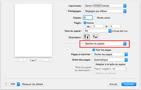 figure : Gestion du papier dans la boîte de dialogue Imprimer