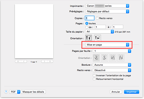 figure : Mise en page dans la boîte de dialogue Imprimer