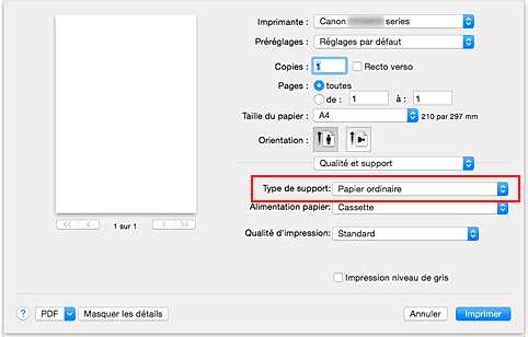 figure : Type de support dans Qualité et support de la boîte de dialogue Imprimer