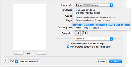 figure : Sélectionnez Enregistrer les paramètres actuels comme préréglages... dans les Préréglages de la boîte de dialogue Imprimer