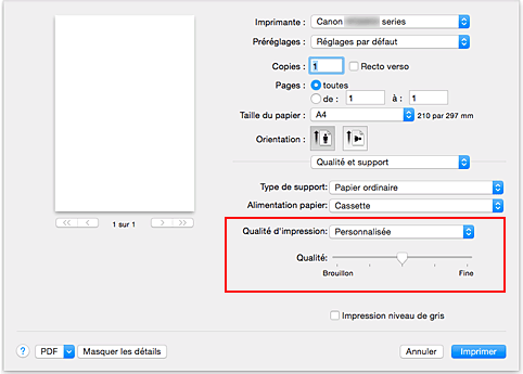 figure : Sélectionnez Personnalisée pour Qualité et support dans la boîte de dialogue Imprimer.