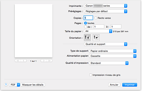 figure : Qualité et support dans la boîte de dialogue Imprimer