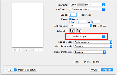 figure : Qualité et support dans la boîte de dialogue Imprimer