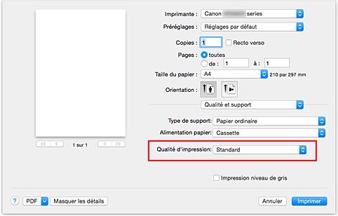 figure : Qualité d'impression dans Qualité et support de la boîte de dialogue Imprimer