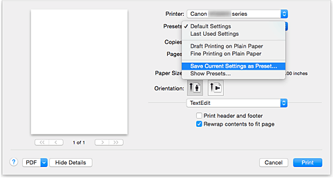 afbeelding: selecteer Huidige instellingen opslaan... bij Instellingen in het dialoogvenster Afdrukken