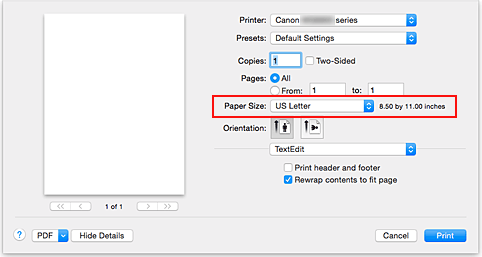 figur: Papirstørrelse i dialogboksen Skriv ut