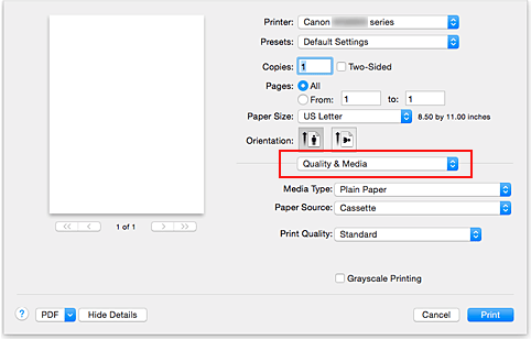 figura: Qualidade e Mídia na caixa de diálogo Imprimir