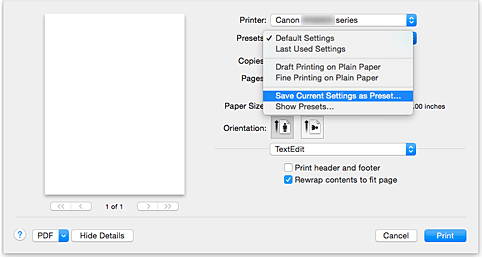 şekil:Yazdır iletişim kutusunda Hazır Ayarlar alanında Geçerli Ayarları Hazır Ayar olarak Kaydet seçimi