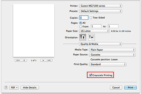 figure:Grayscale Printing of Quality & Media in the Print dialog