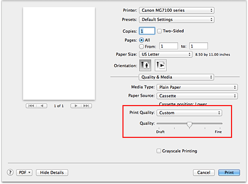 figure:Select Custom from Print Quality of Quality & Media in the Print dialog