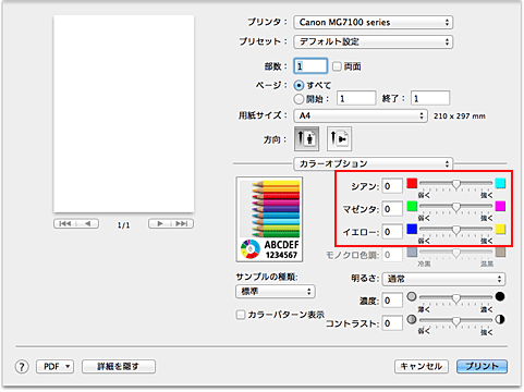 図：プリントダイアログ［カラーオプション］のカラーバランス