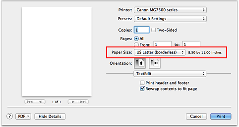 figure:Select XXX (borderless) from Paper Size in the Print dialog