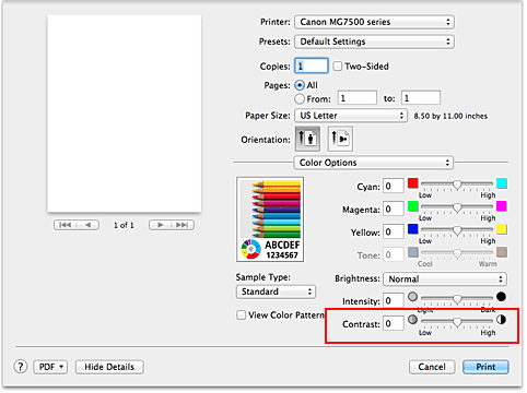 Imagen: Contraste de Opciones de color del cuadro de diálogo Imprimir