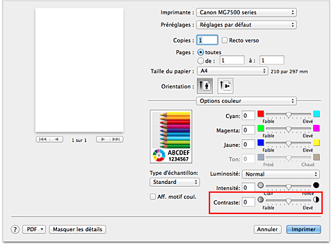 figure : Contraste des options de couleur dans la boîte de dialogue Imprimer