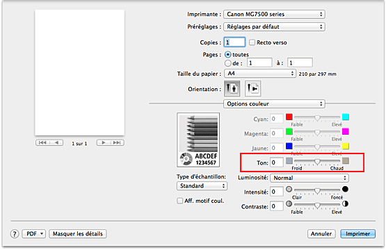 figure : Tonalité des options de couleur dans la boîte de dialogue Imprimer