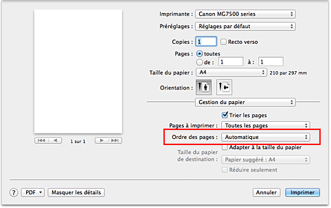 figure : Sélectionnez Automatique dans Ordre des pages pour Gestion du papier dans la boîte de dialogue Imprimer.