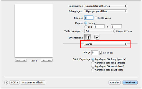 figure : Marge dans la boîte de dialogue Imprimer
