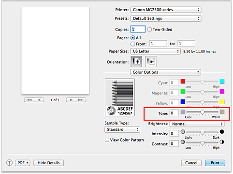 figur: Tone for Fargealternativer i utskriftsdialogboksen
