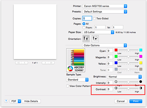 الشكل: التباين ضمن خيارات الألوان في مربع الحوار طباعة