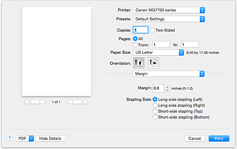 الشكل: الهامش في مربع الحوار طباعة