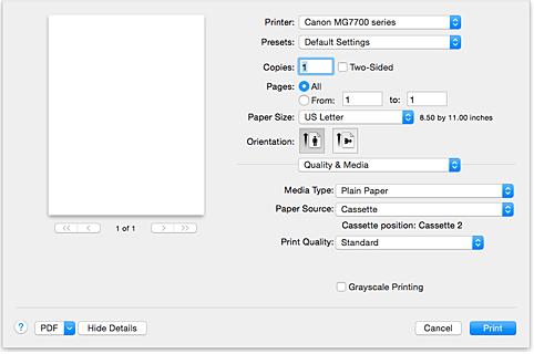 الشكل: الجودة والوسائط في مربع الحوار طباعة