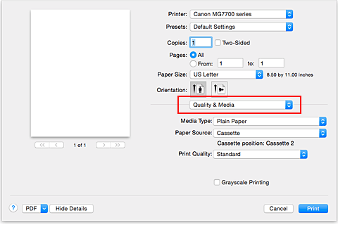 الشكل: الجودة والوسائط في مربع الحوار طباعة