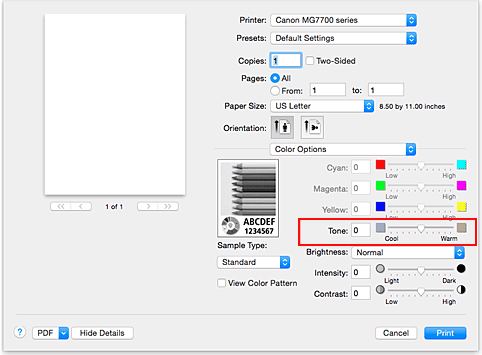 figure:Tone of Color Options in the Print dialog