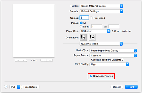 figure:Grayscale Printing of Quality & Media in the Print dialog