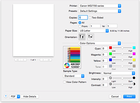 kuva:Väriasetukset Tulostus-valintaikkunassa