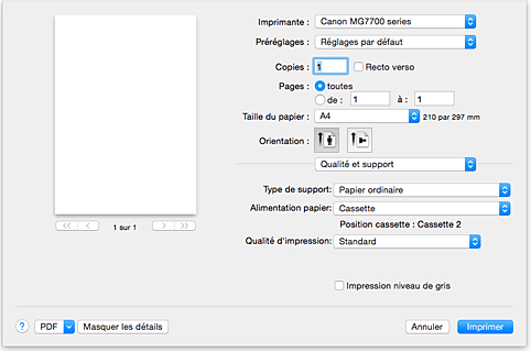 figure&nbsp;:&nbsp;Qualité et support dans la boîte de dialogue Imprimer